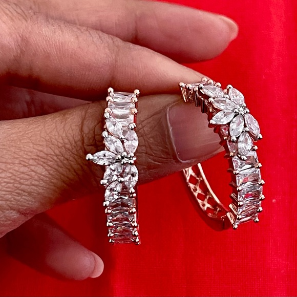 14k Rose Gold Plated Baguette Hoops - Picture 3 of 5